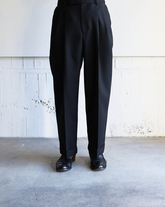 DOUBLE PLEATED CLASSIC WIDE TROUSERS HEAVY ORGANIC WOOL TROPICAL "BLACK"