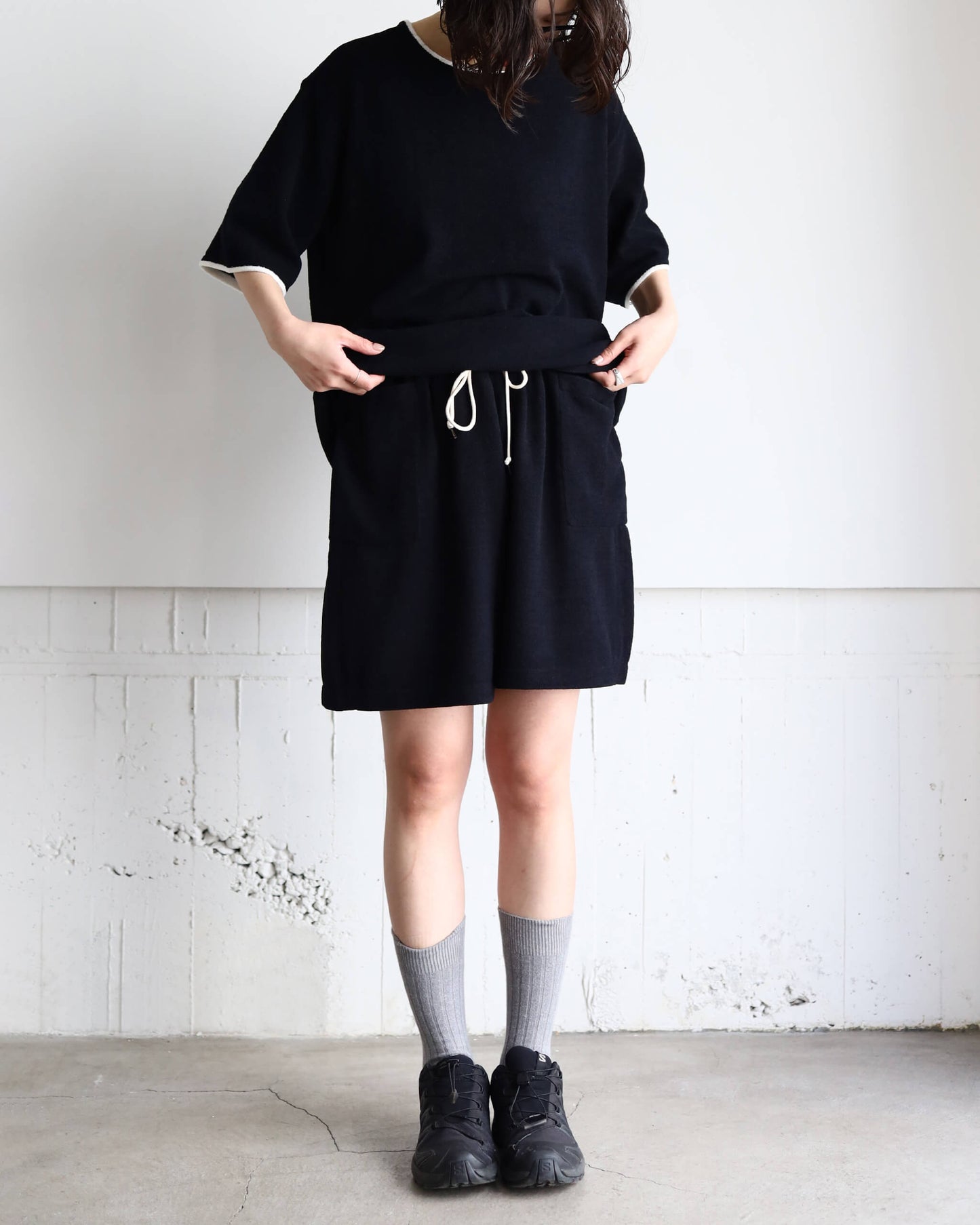 Cotton cashmere pile Marine shorts "Black"