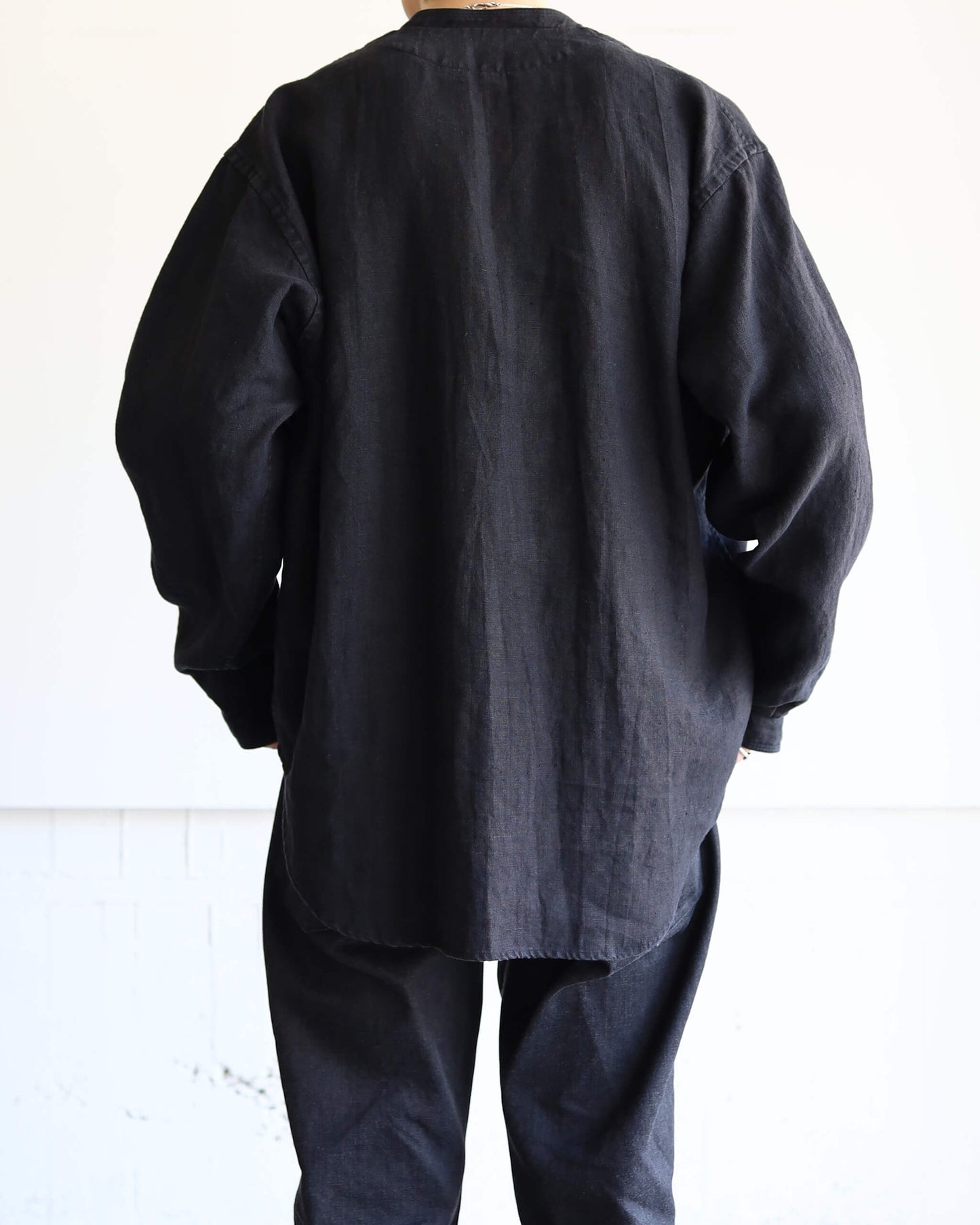 HEAVY LINEN CANVAS STAND COLLAR SKIPPER SHIRT "BLACK"