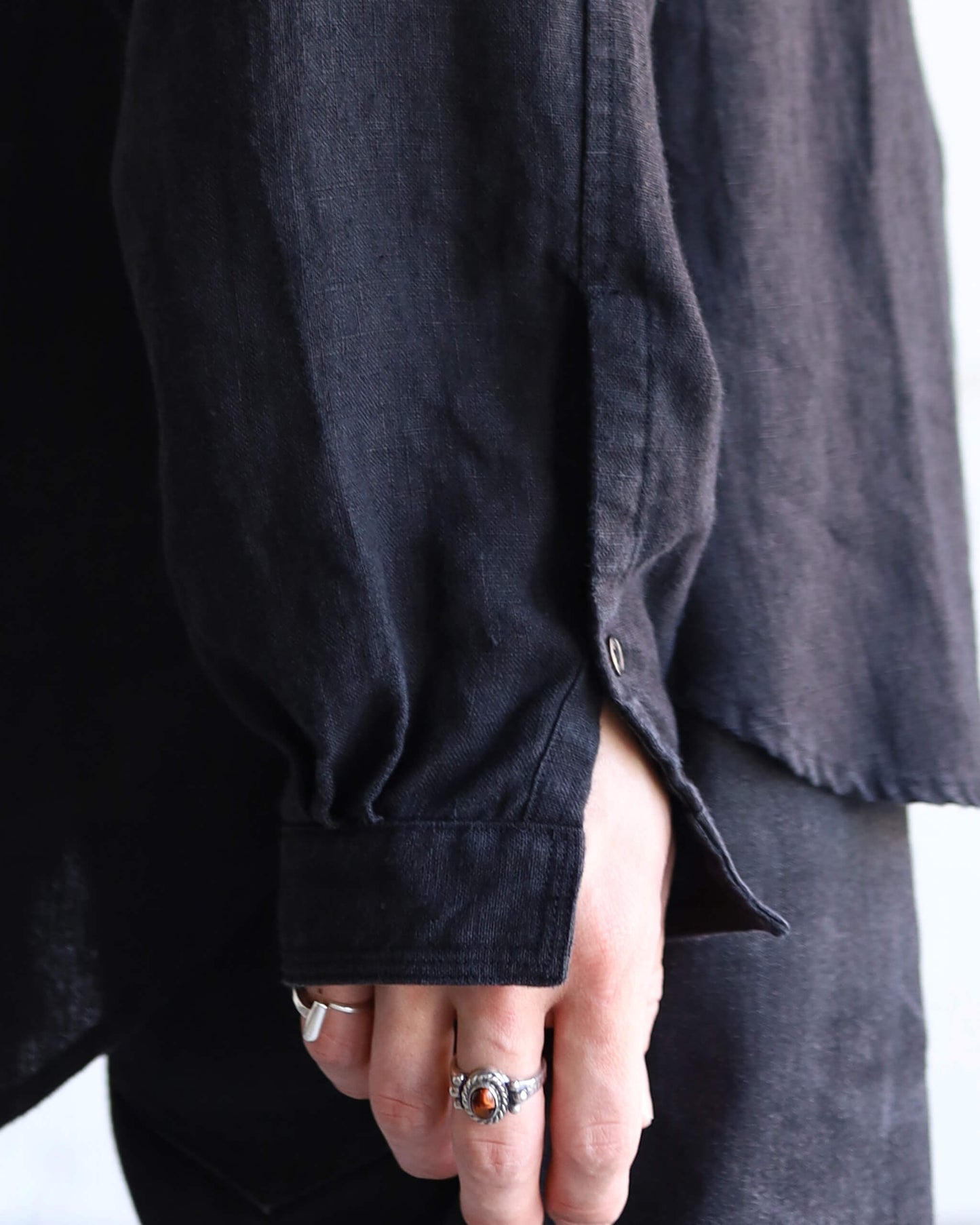 HEAVY LINEN CANVAS STAND COLLAR SKIPPER SHIRT "BLACK"