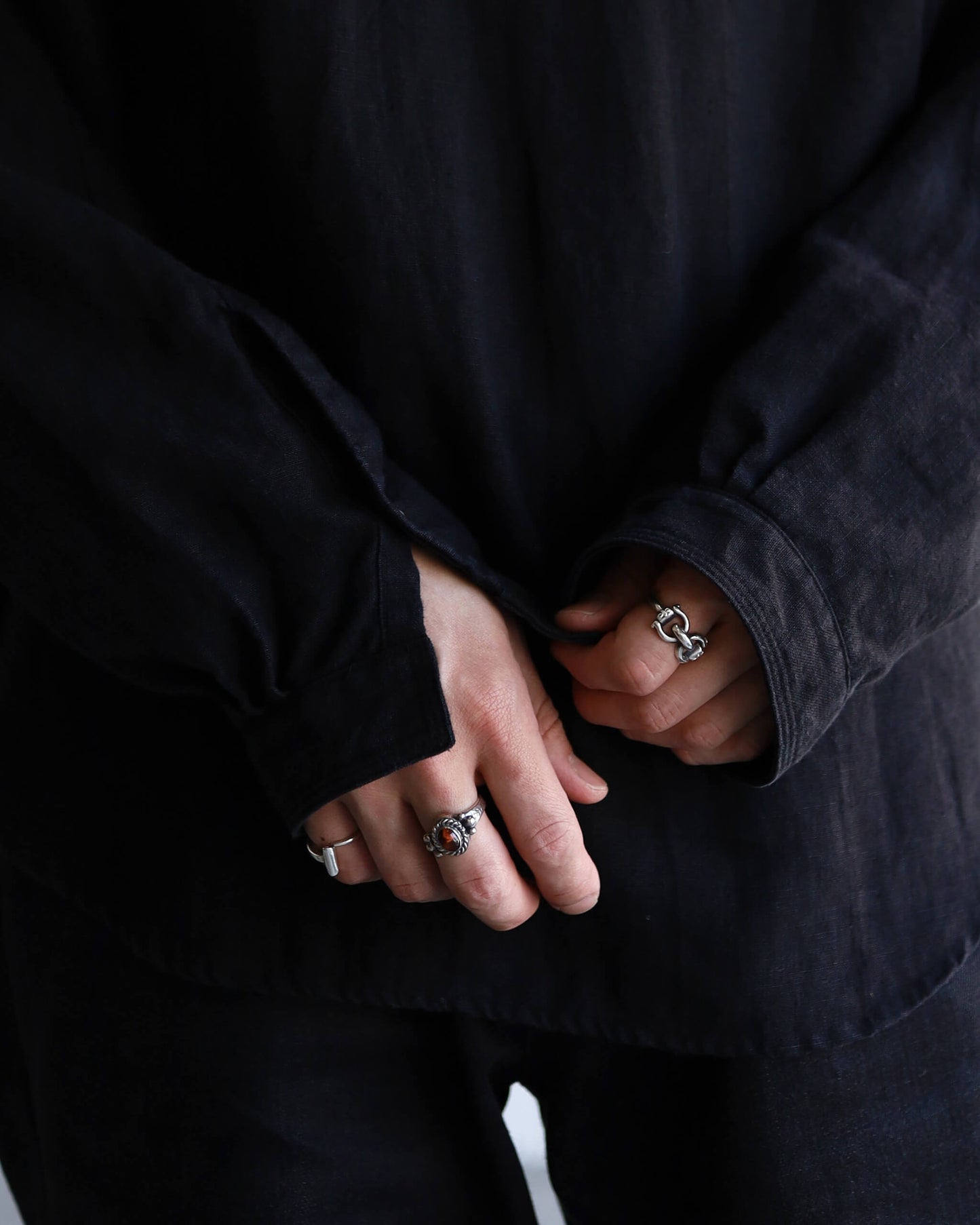HEAVY LINEN CANVAS STAND COLLAR SKIPPER SHIRT "BLACK"