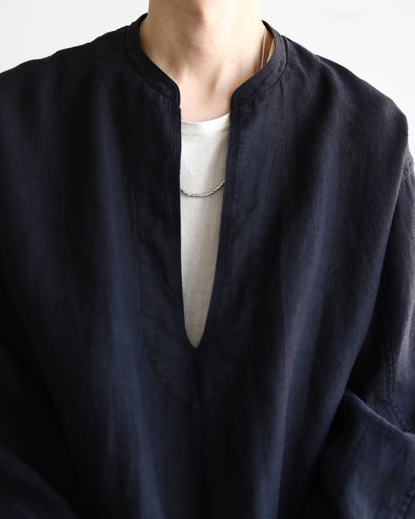 HEAVY LINEN CANVAS STAND COLLAR SKIPPER SHIRT "BLACK"