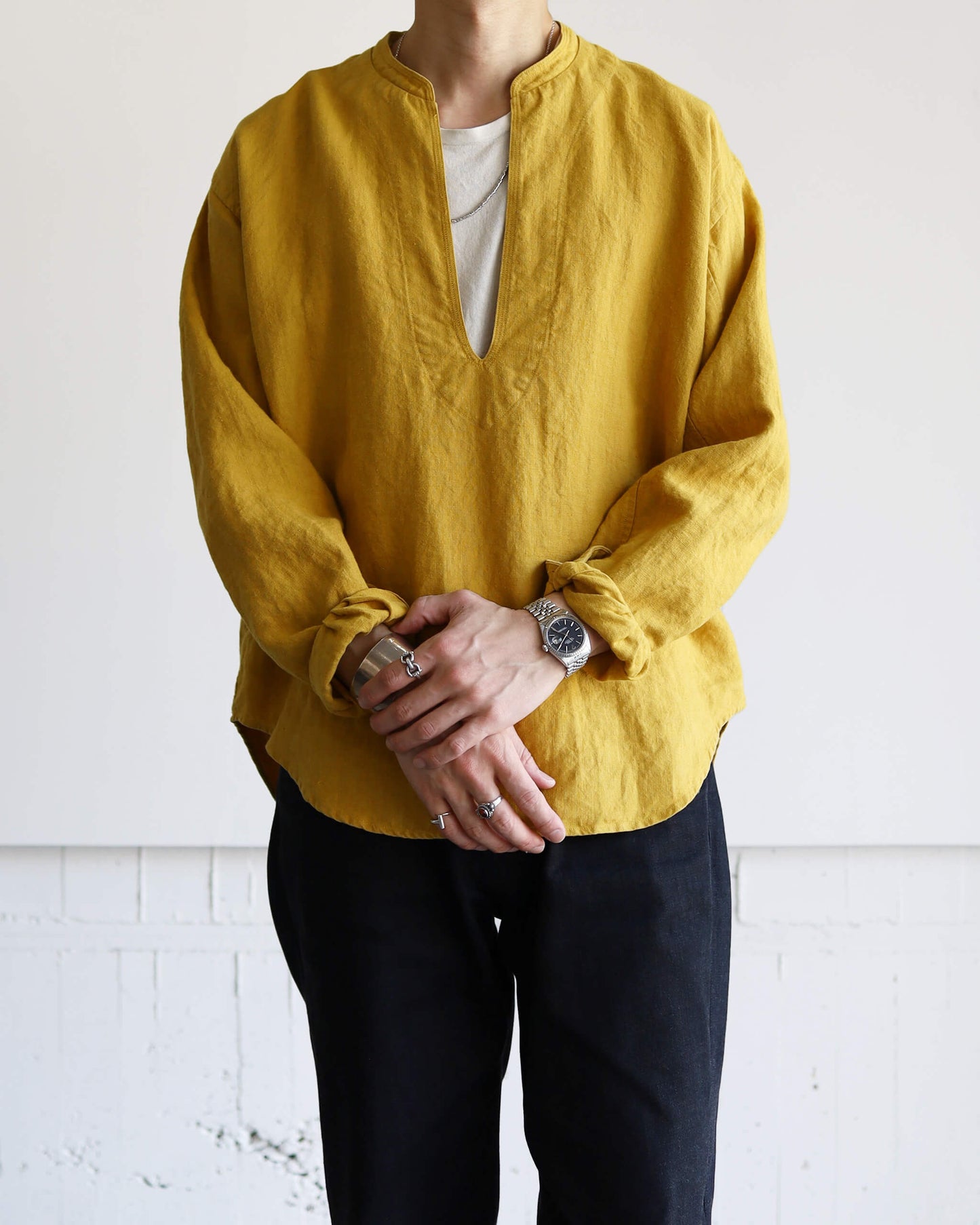 HEAVY LINEN CANVAS STAND COLLAR SKIPPER SHIRT "TURMERIC"