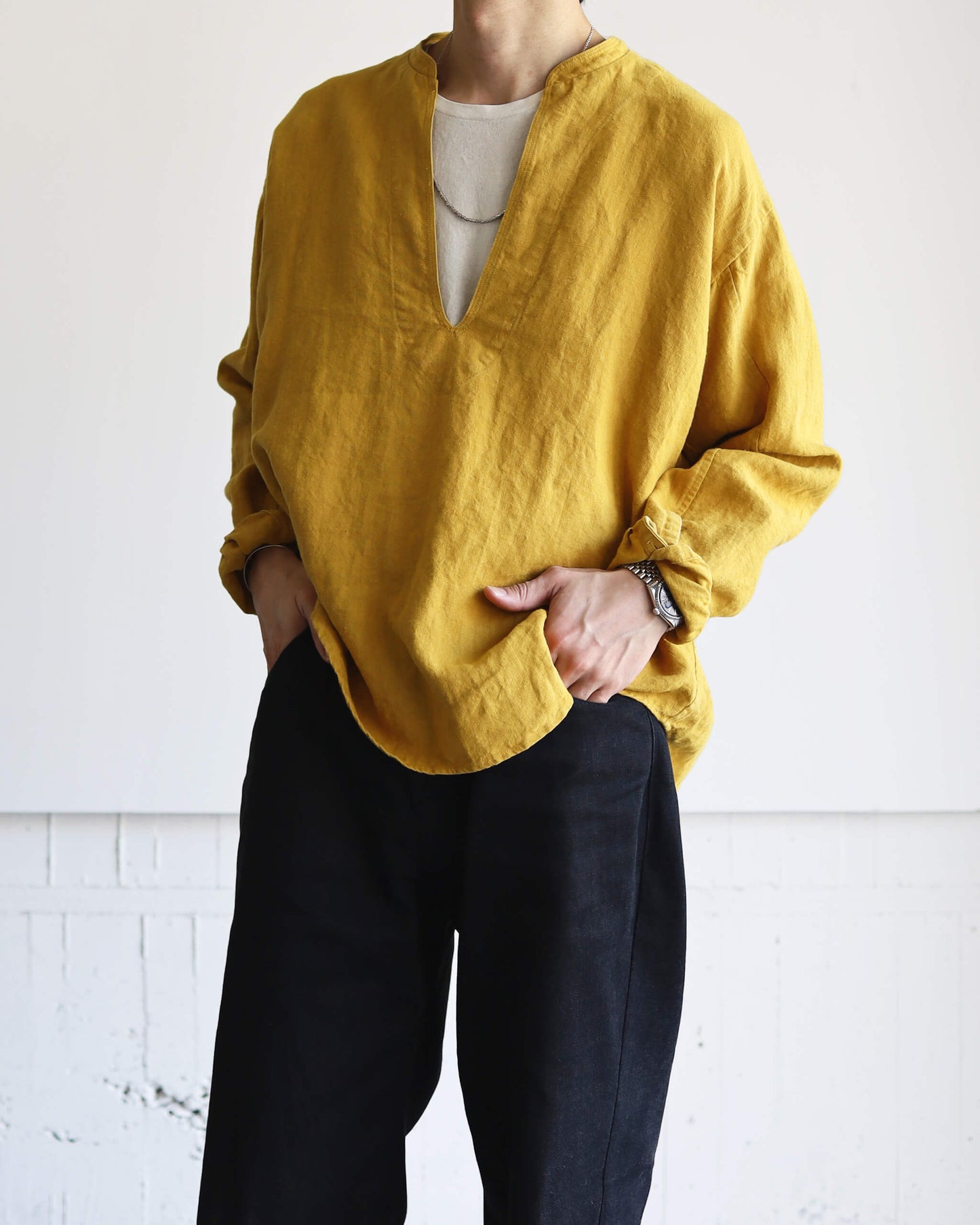 HEAVY LINEN CANVAS STAND COLLAR SKIPPER SHIRT "TURMERIC"