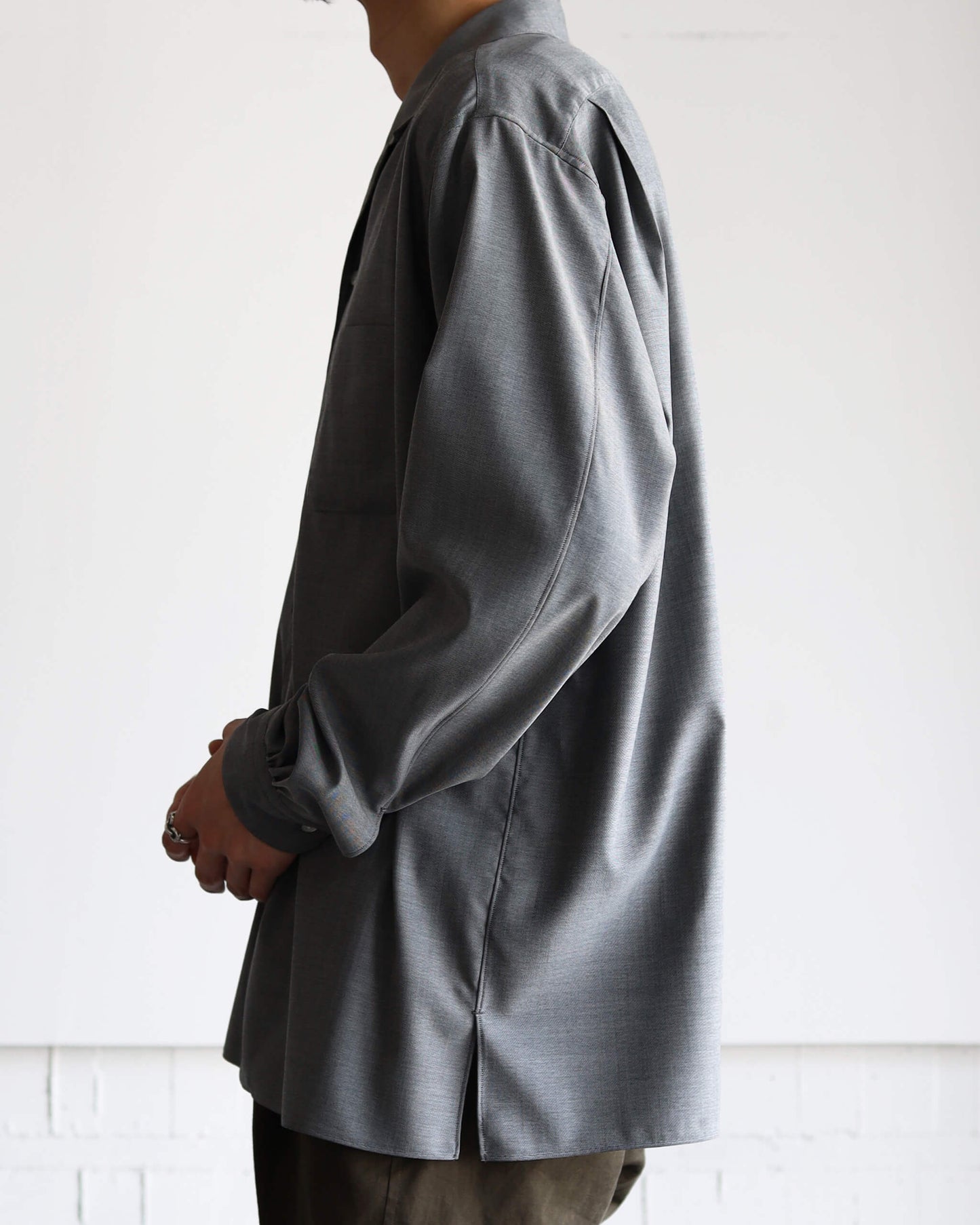 ITALIAN OPEN COLLAR SHIRT SUPER 160's WASHABLE WOOL OXFORD "GRAY"